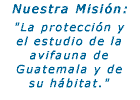 Nuestra Misión: La protección y el estudio de la avifauna de Guatemala y de su hábitat.
